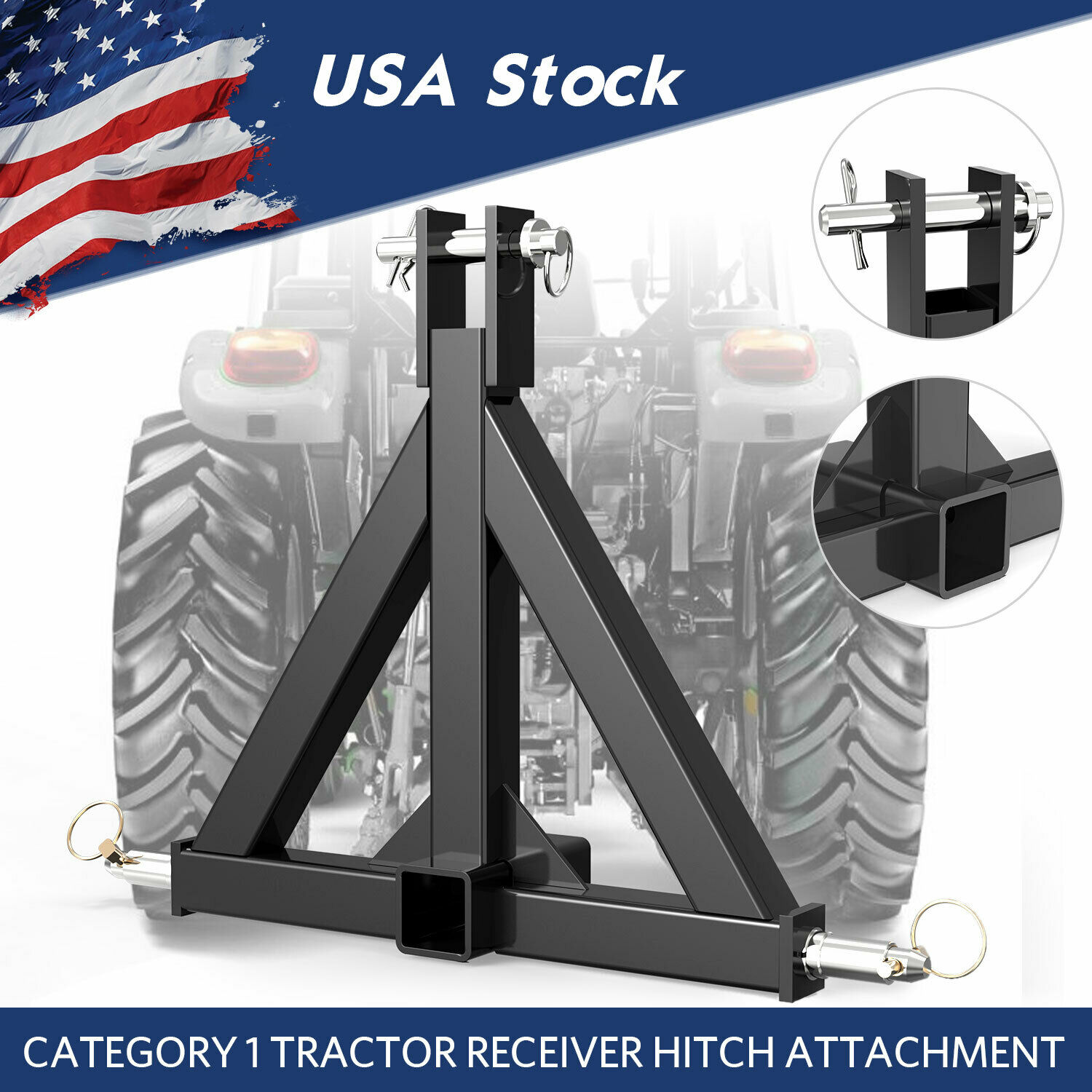 3 Point Trailer Receiver Hitch Tow Drawbar Cat 1 Tractor Thicken Steel Upgrade