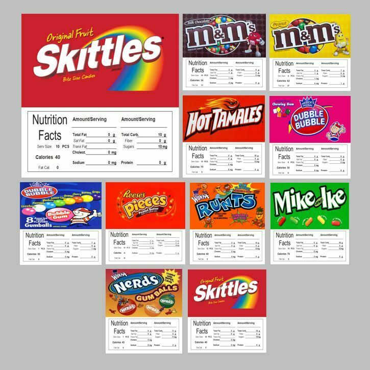 10 Product Vending Machine Candy Nutrition Stickers Labels Quick & Free  Ship